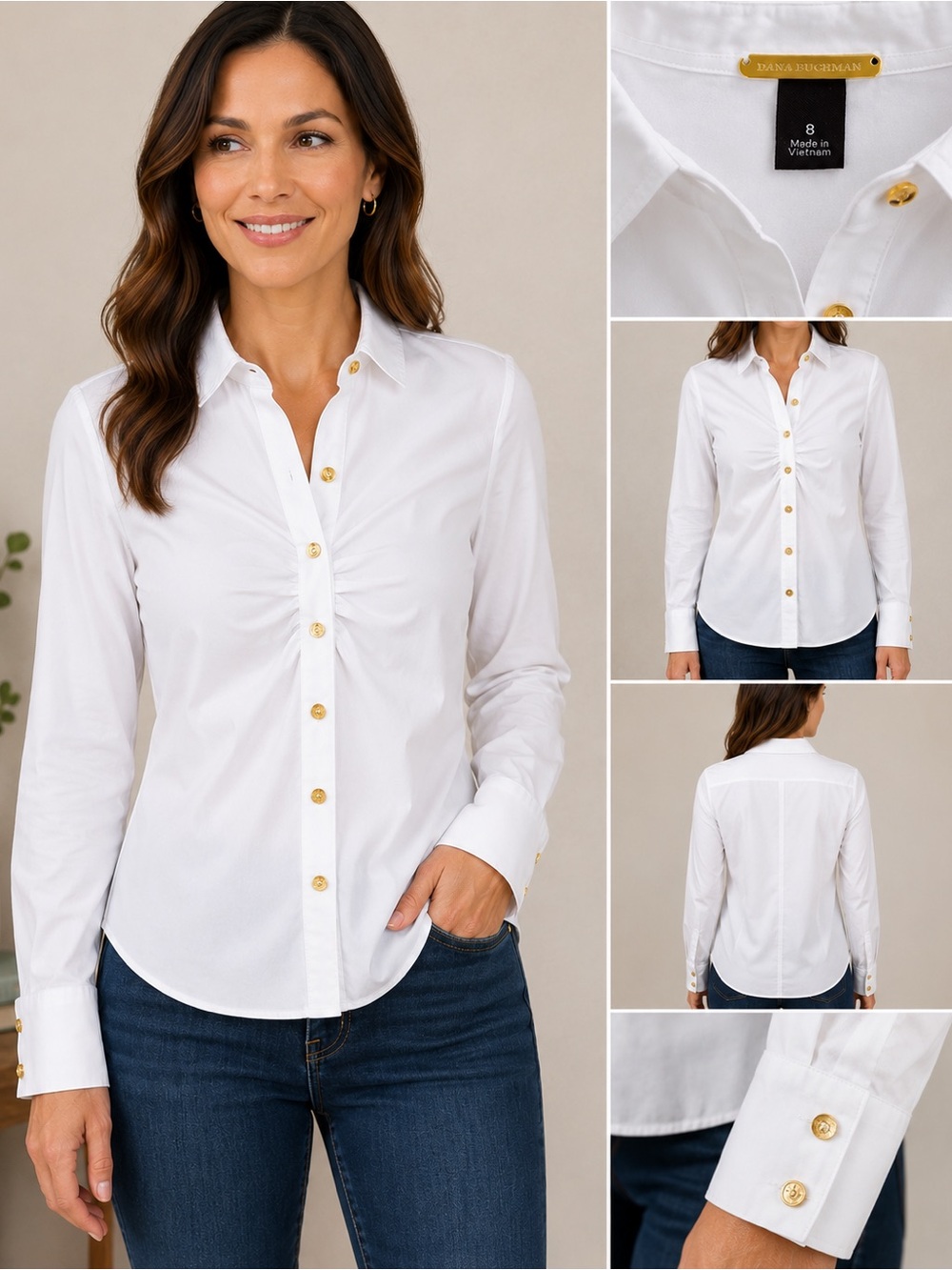 Dana Buchman White Ruched Blouse Size 8 Gold Buttons Collared Long Sleeve